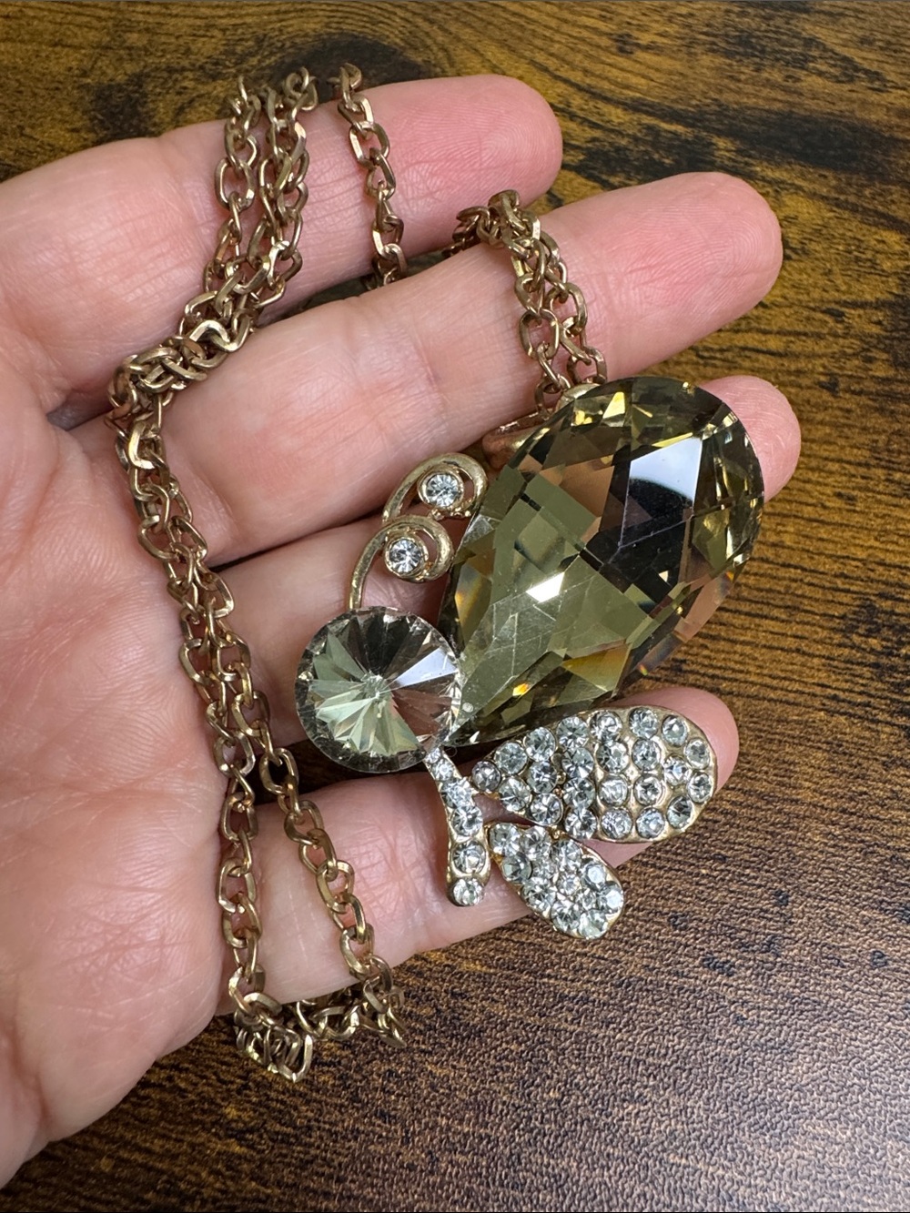 Gold-Tone Crystal Teardrop Butterfly Necklace - Champagne & Clear Stone